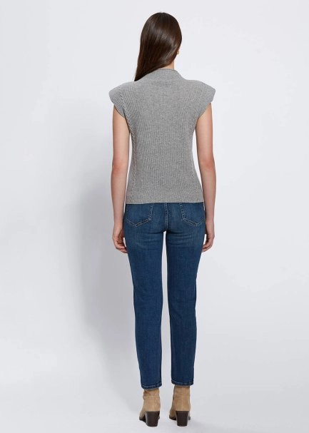 Padded Shoulders Mock Neck Cashmere Grey Knit Top - 5