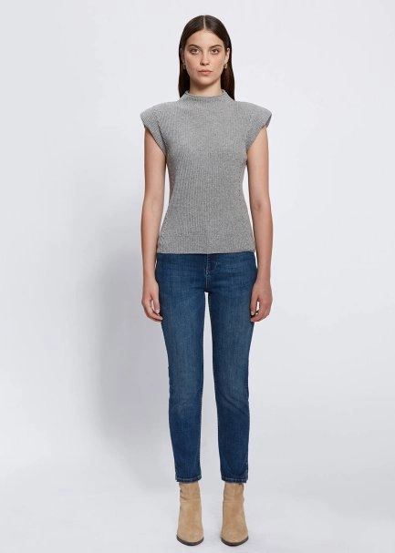 Padded Shoulders Mock Neck Cashmere Grey Knit Top - 2