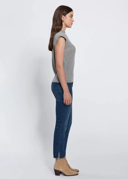 Padded Shoulders Mock Neck Cashmere Grey Knit Top - 3