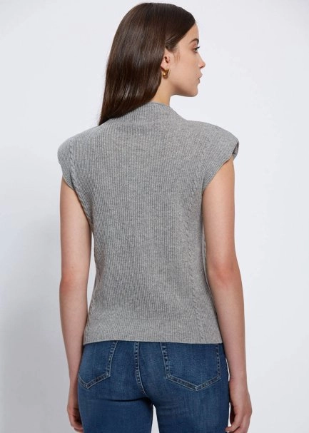 Padded Shoulders Mock Neck Cashmere Grey Knit Top - 4