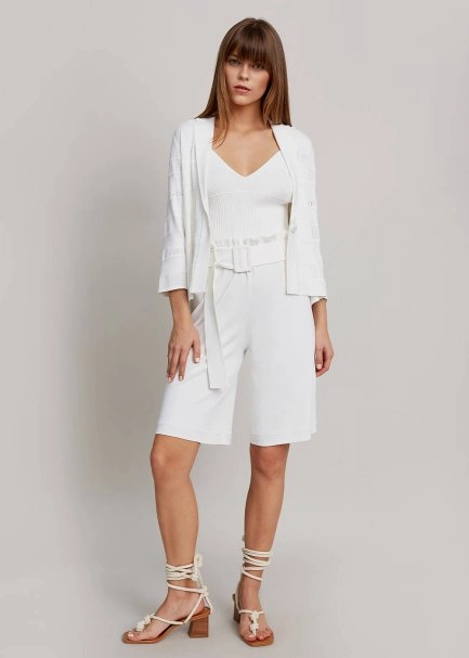 Paper-Bag White Knit Bermuda Shorts - 2