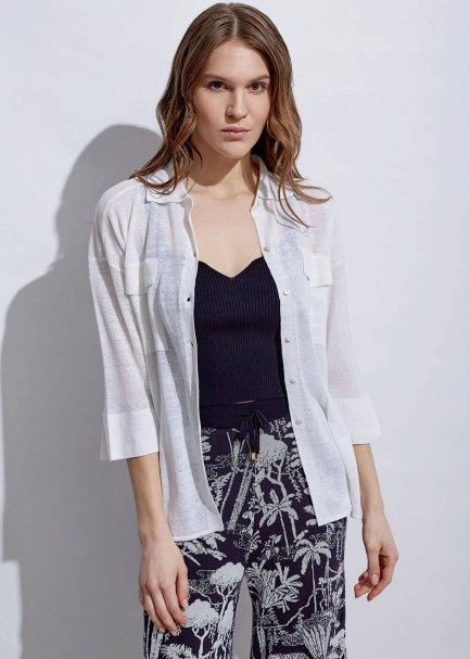 Patch Pocket Linen White Knit Shirt - 1