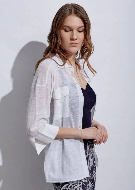 Patch Pocket Linen White Knit Shirt - 2