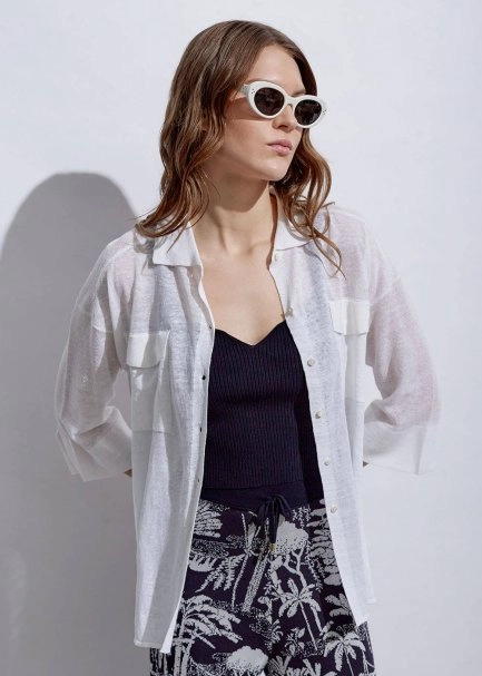 Patch Pocket Linen White Knit Shirt - 3