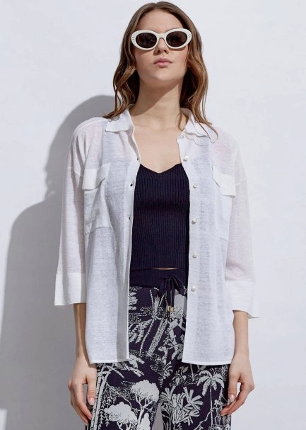 Patch Pocket Linen White Knit Shirt - 4