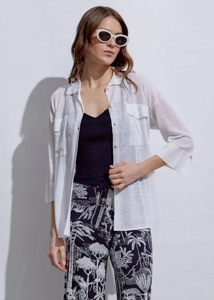 Patch Pocket Linen White Knit Shirt - 5