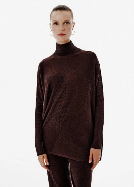 Patchwork-Pattern Batwing Sleeve Brown Knit Tunic - 3