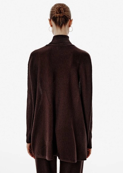 Patchwork-Pattern Batwing Sleeve Brown Knit Tunic - 5