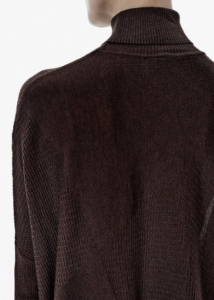 Patchwork-Pattern Batwing Sleeve Brown Knit Tunic - 4