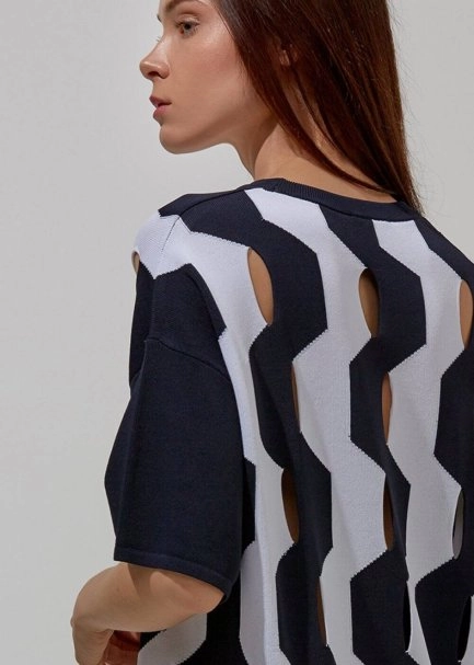 Pencereli Desenli Lacivert Triko Üst - 5