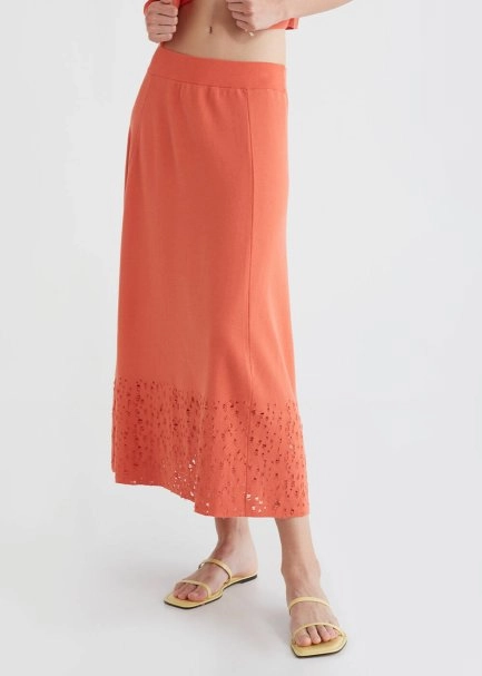 Perforated Hem Coral Midi Knit Skirt - 1