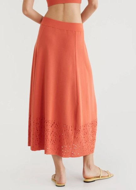 Perforated Hem Coral Midi Knit Skirt - 3