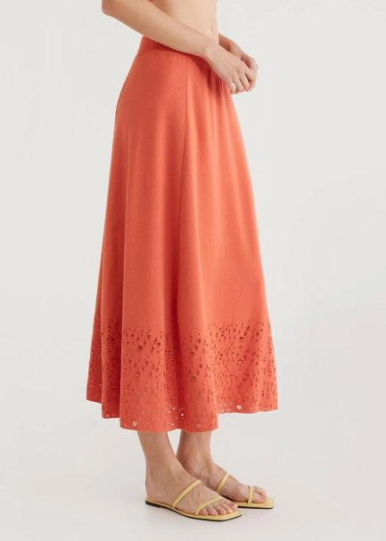 Perforated Hem Coral Midi Knit Skirt - 4