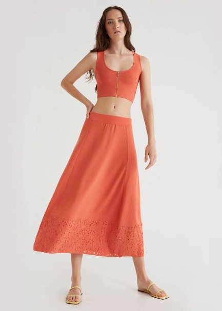 Perforated Hem Coral Midi Knit Skirt - 5