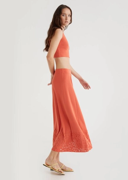 Perforated Hem Coral Midi Knit Skirt - 6