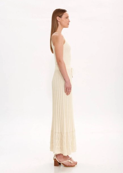 Pile Detaylı Bej Triko Etek - 5