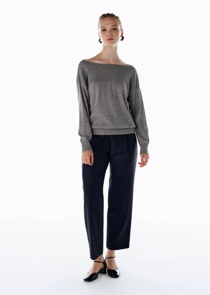 Pile Detaylı Çizgili Yün Pantolon Lacivert - 3