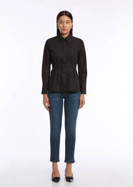 Pile Detaylı Siyah Saf Pamuk Gömlek - 2