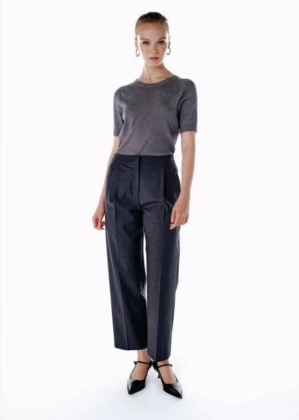 PLEATED DETAIL STRIPE WOOL PANTS GREY - 3