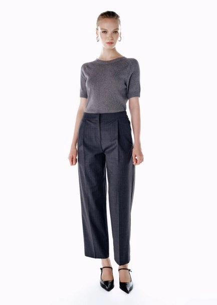 PLEATED DETAIL STRIPE WOOL PANTS GREY - 1