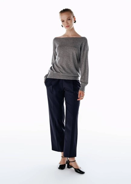PLEATED DETAIL STRIPE WOOL PANTS NAVY - 2