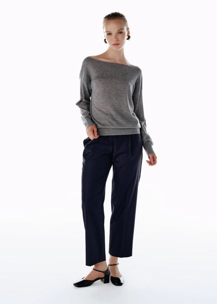 PLEATED DETAIL STRIPE WOOL PANTS NAVY - 4