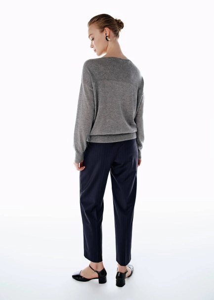 PLEATED DETAIL STRIPE WOOL PANTS NAVY - 5