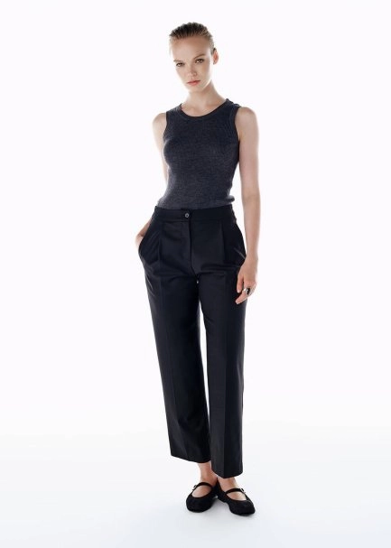 PLEATED DETAIL WOOL PANTS BLACK - 1