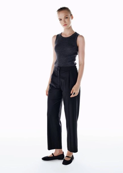 PLEATED DETAIL WOOL PANTS BLACK - 4