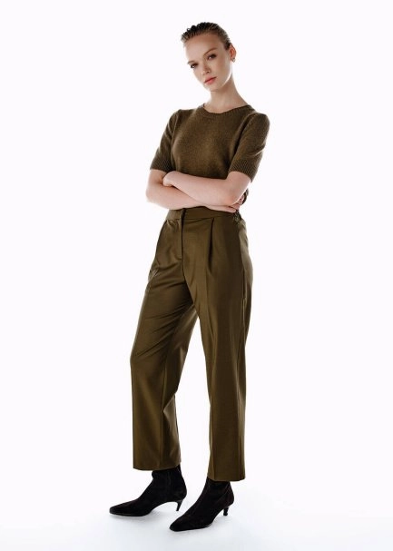 PLEATED DETAIL WOOL PANTS OLIVESTONE - 3