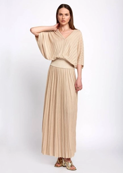 Pleated Maxi Beige Knit Skirt - 2
