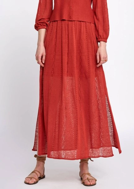 Pointelle Detail Spice Long Knit Skirt With Slit - 1