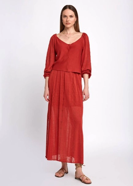 Pointelle Detail Spice Long Knit Skirt With Slit - 2