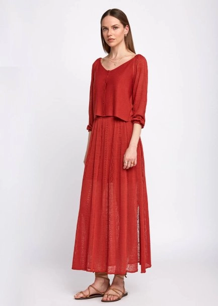 Pointelle Detail Spice Long Knit Skirt With Slit - 5