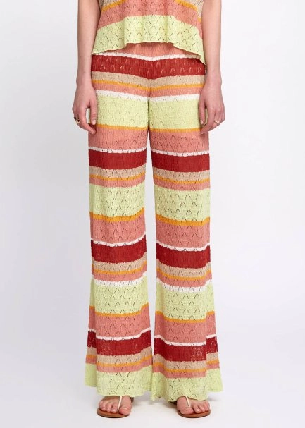 Pointelle Detail Striped Drawstring Knit Pants - 1