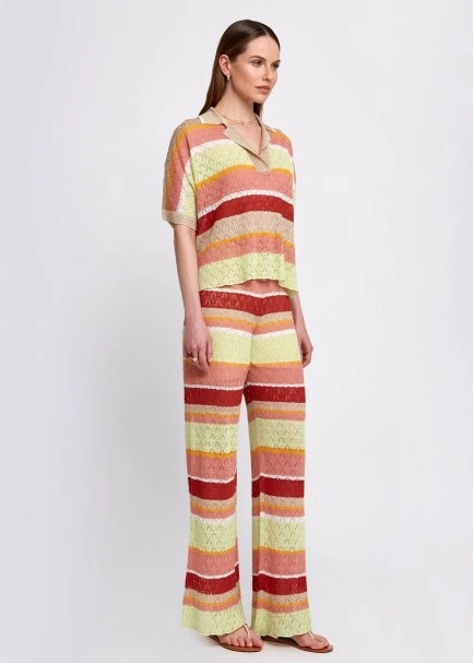 Pointelle Detail Striped Drawstring Knit Pants - 2