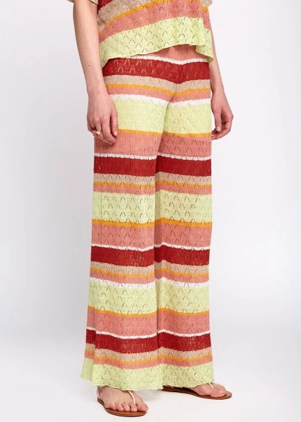 Pointelle Detail Striped Drawstring Knit Pants - 4