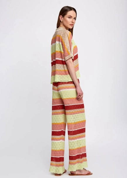 Pointelle Detail Striped Drawstring Knit Pants - 5