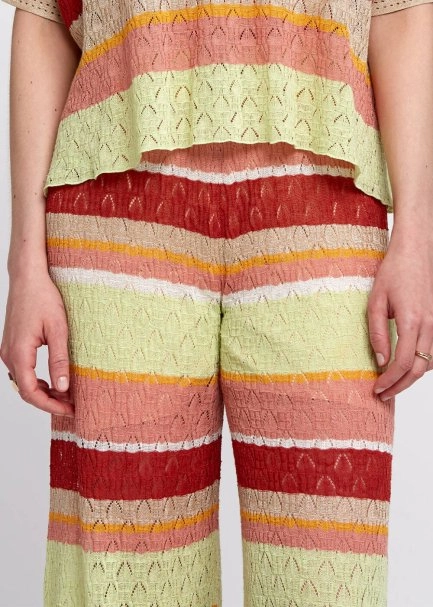 Pointelle Detail Striped Drawstring Knit Pants - 6