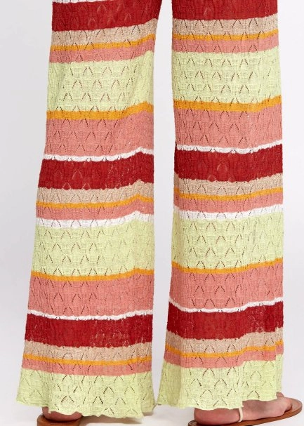 Pointelle Detail Striped Drawstring Knit Pants - 7