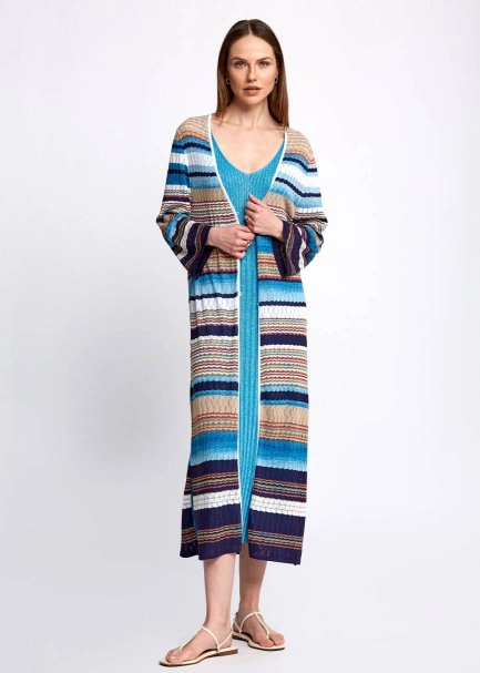 Pointelle Detail Striped Midi Knit Cardigan - 2