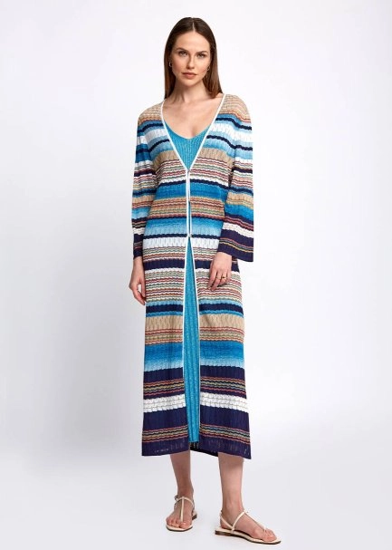Pointelle Detail Striped Midi Knit Cardigan - 5