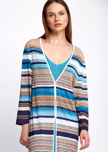 Pointelle Detail Striped Midi Knit Cardigan - 7