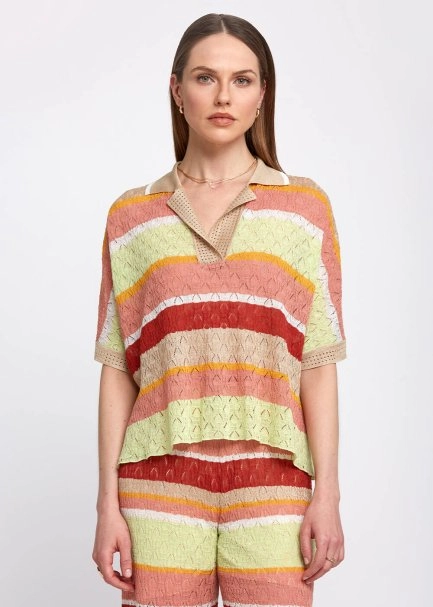 Pointelle Detail Striped Oversıze Knit Top - 1