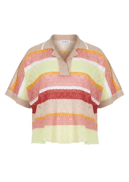 Pointelle Detail Striped Oversıze Knit Top - 8