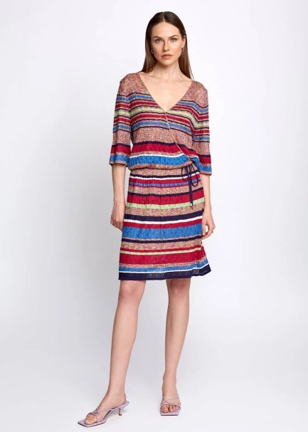 Pointelle Detail Striped V Neck Wrap Short Knit Dress - 1