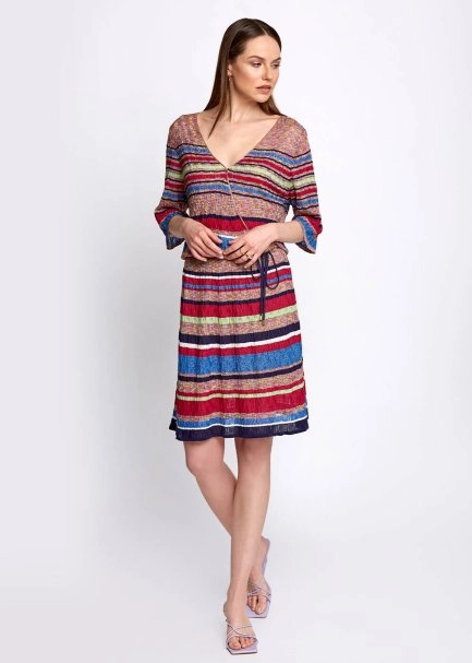 Pointelle Detail Striped V Neck Wrap Short Knit Dress - 2