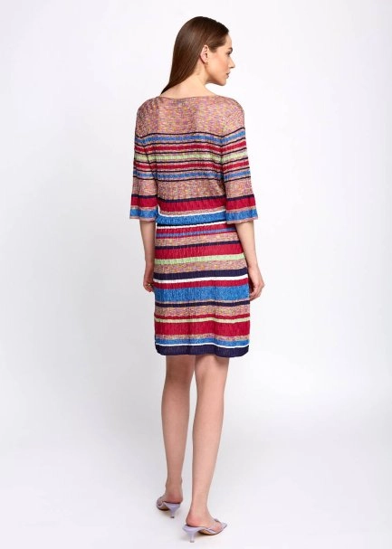 Pointelle Detail Striped V Neck Wrap Short Knit Dress - 3