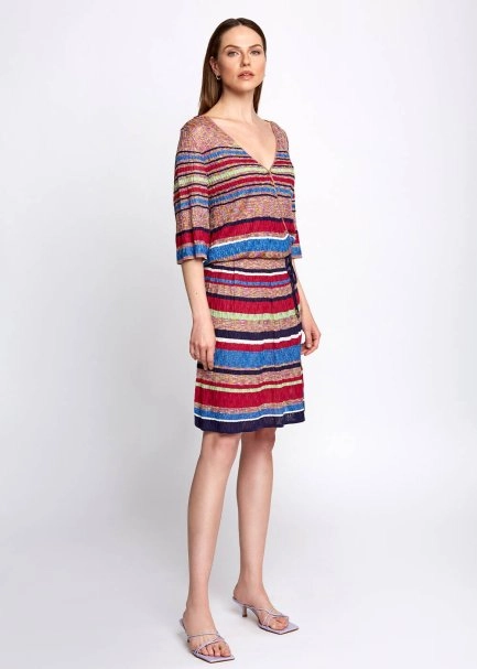 Pointelle Detail Striped V Neck Wrap Short Knit Dress - 4