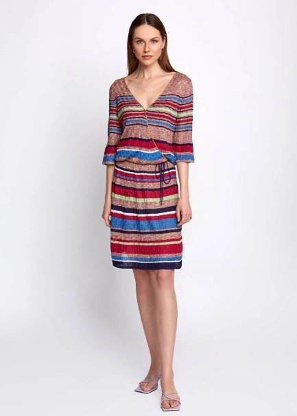 Pointelle Detail Striped V Neck Wrap Short Knit Dress - 5